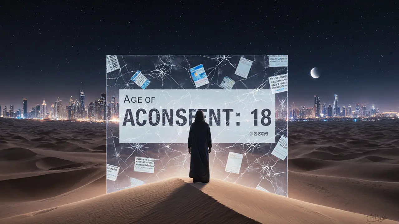 Tourist standing before a glowing city separated by a transparent wall labeled 'Age of Consent: 18'.