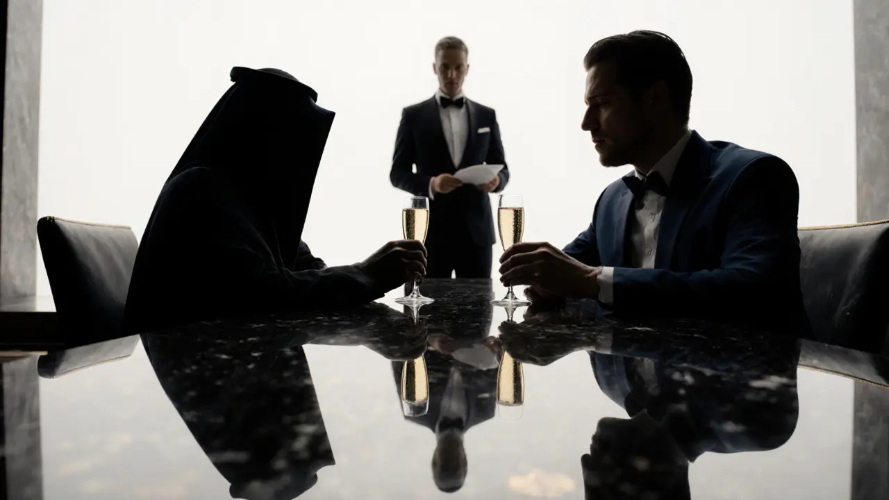 Two elite patrons sit in silent conversation at a marble bar, their elegance defined by restraint and privacy.