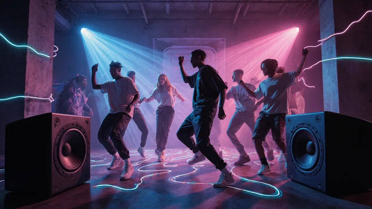 Underground electronic dance party in an industrial space with pulsing neon lights.