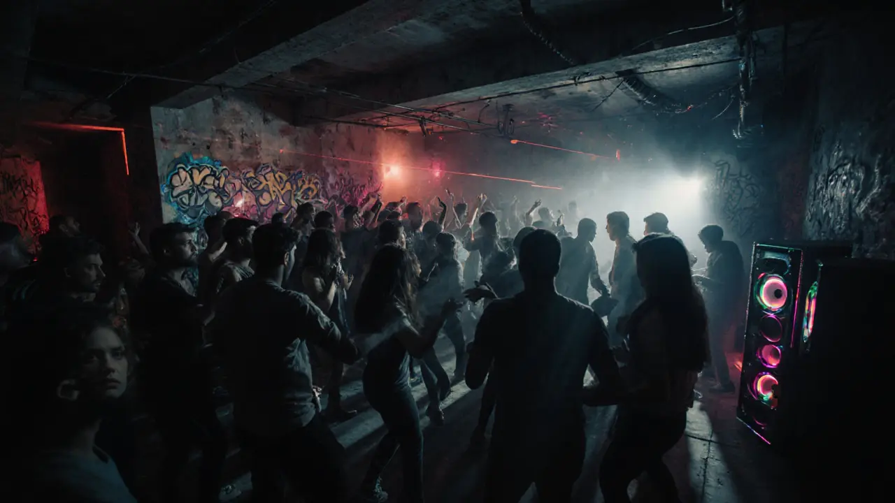 Underground techno club in Al Quoz with laser lights and energetic crowd dancing in smoky atmosphere.