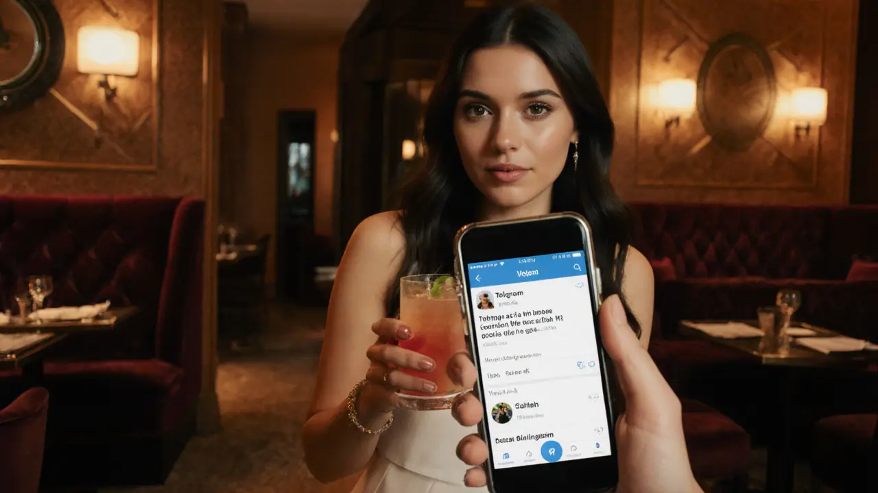 Woman entering a Dubai lounge, phone showing a Telegram nightlife event notification.