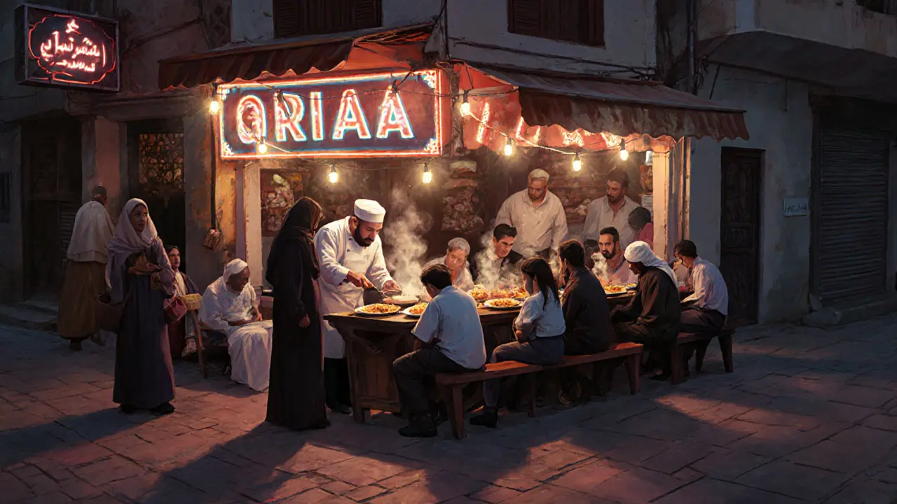 Workers and locals sharing biryani at a modest Deira restaurant at 2 a.m. under string lights.