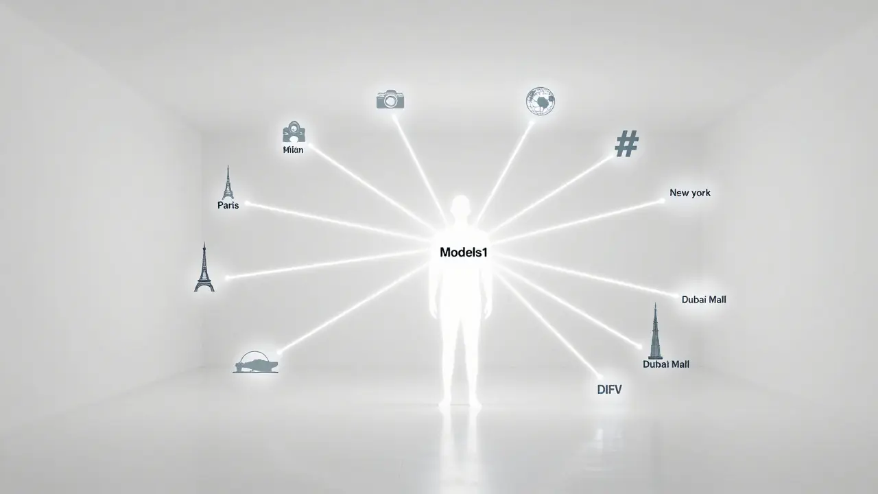 A conceptual network of glowing lines connecting a model to global cities and Dubai landmarks, symbolizing agency reach and opportunity.