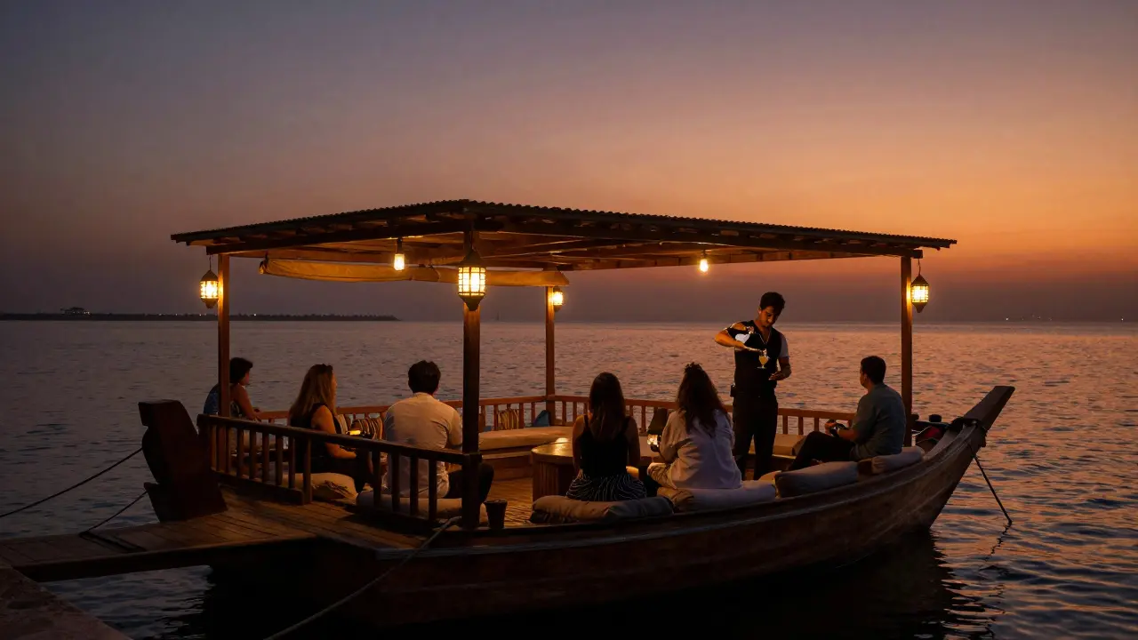 A floating dhow bar at sunset with lanterns and quiet guests, calm water reflecting the sky.