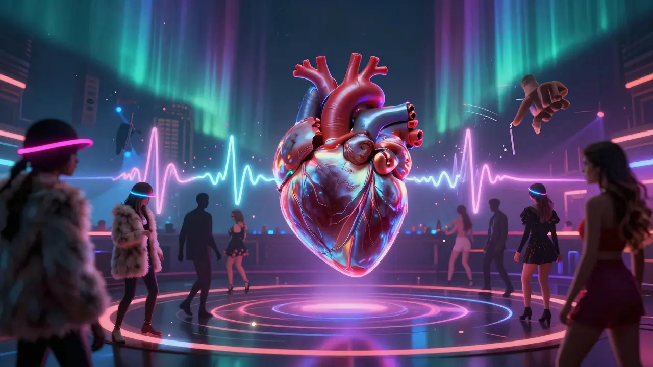 A floating heart synced to colorful soundwaves, surrounded by abstract figures in a surreal nightclub.