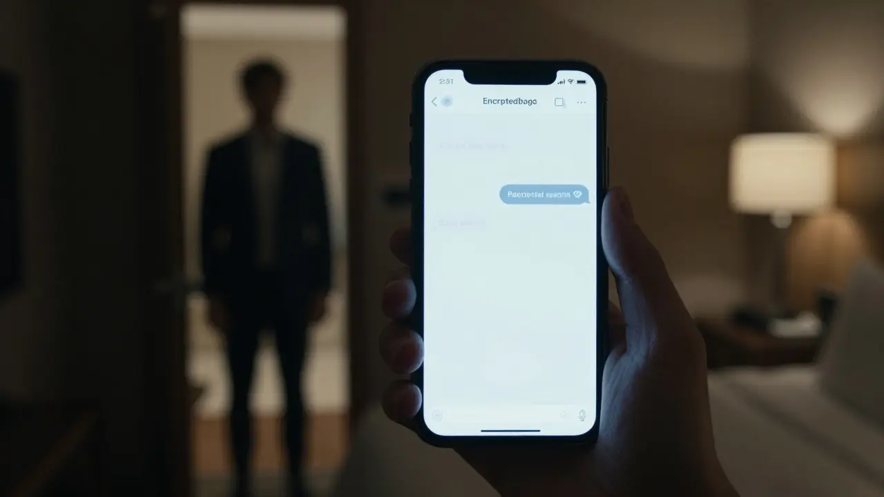 A glowing smartphone in a dark hotel room showing suspicious messages and a payment notification.
