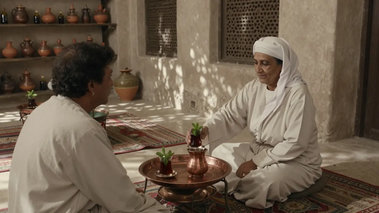 A guest sipping mint tea in a traditional Emirati wellness lounge after a massage.