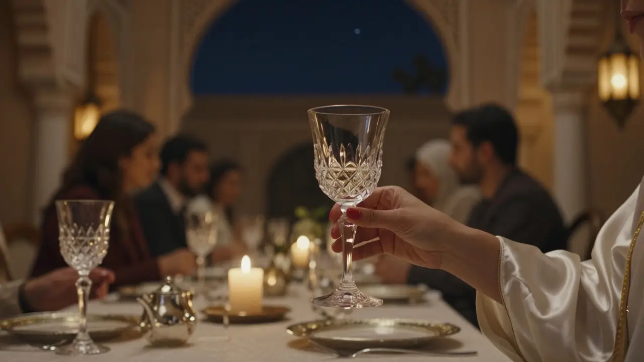 A hand lifts a wine glass at a candlelit table in Dubai, surrounded by warm lantern light and ornate Arabic architecture.
