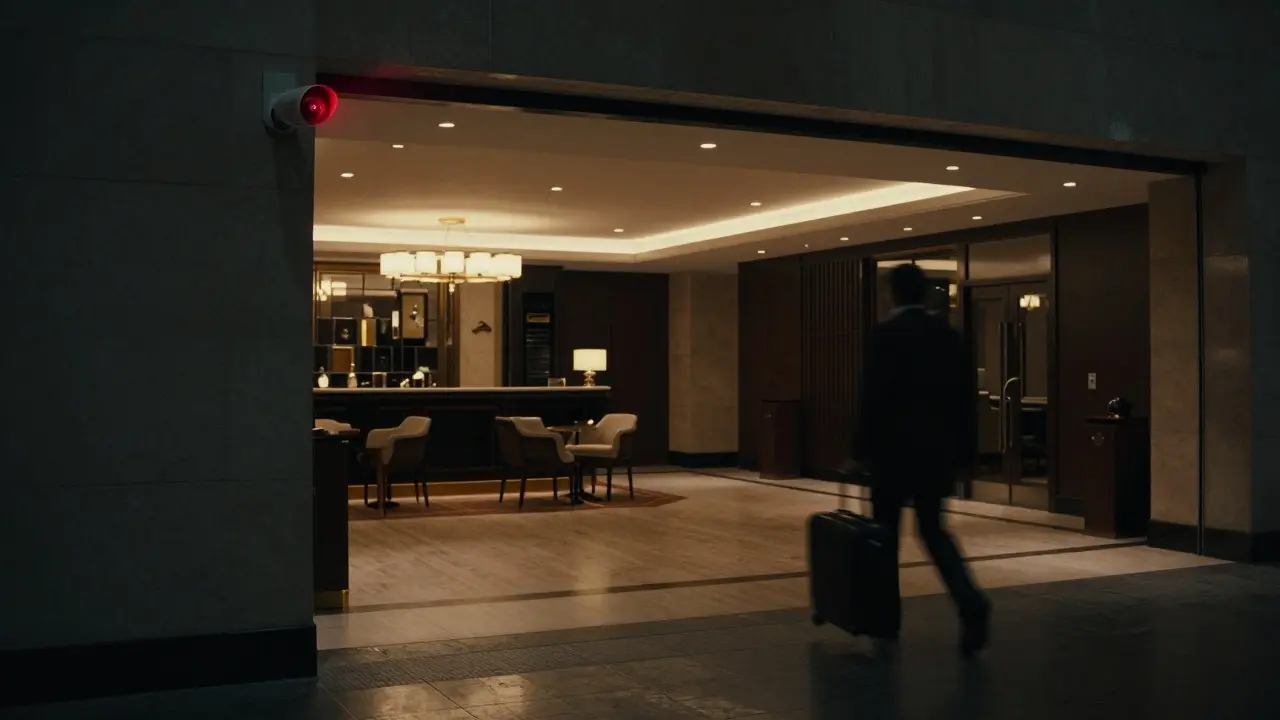 A hotel lobby at night with a red security camera glowing, a figure walking away with a suitcase.