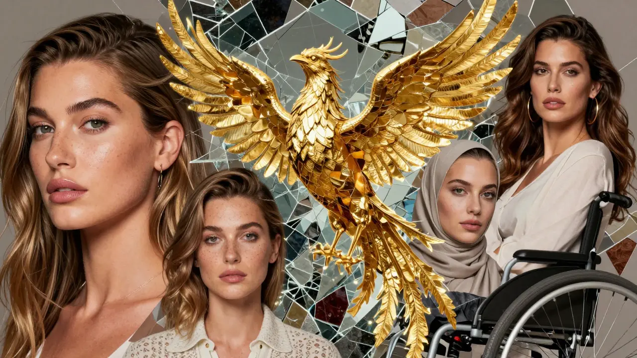 A mosaic of diverse models dissolving into a radiant kaleidoscope of skin tones, textures, and cultural symbols.