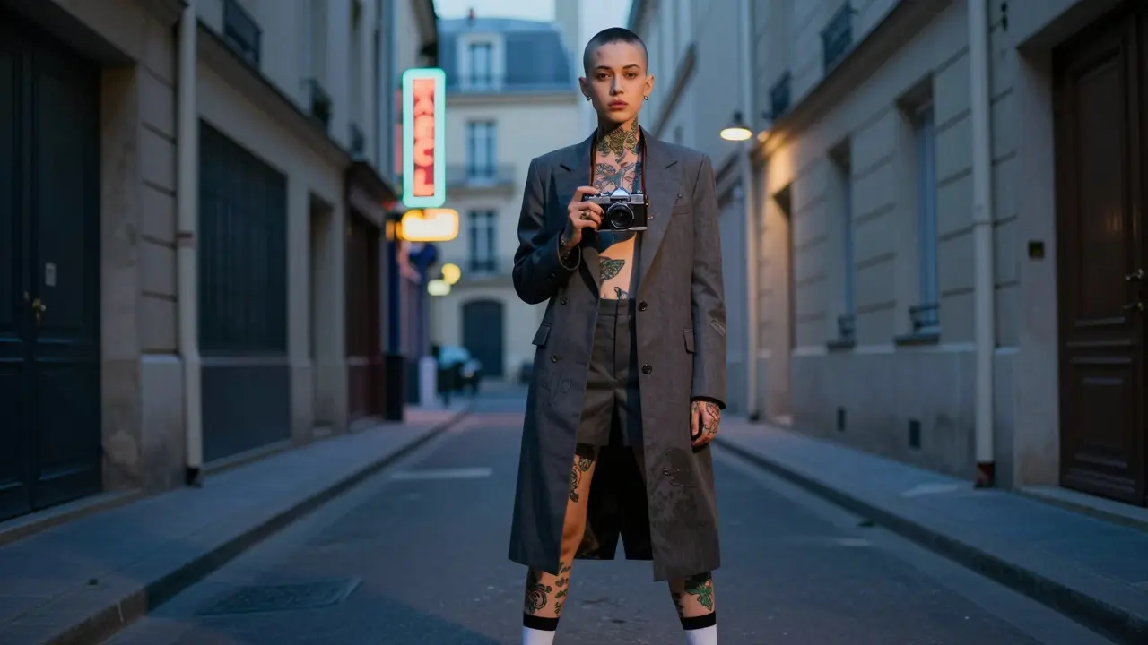A non-binary model in a stylish suit stands confidently in a dim alley, tattoos visible, holding a camera.