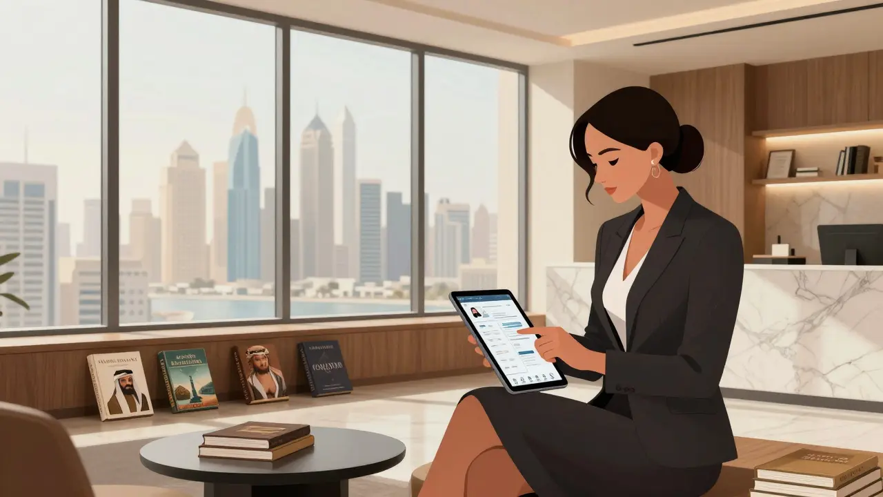 A professional escort reviews a client's itinerary in a sleek, modern Dubai agency lounge.