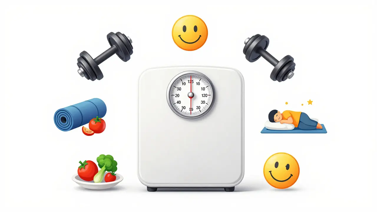 A scale balanced by symbols of strength, nutrition, rest, and joy, representing health beyond weight.
