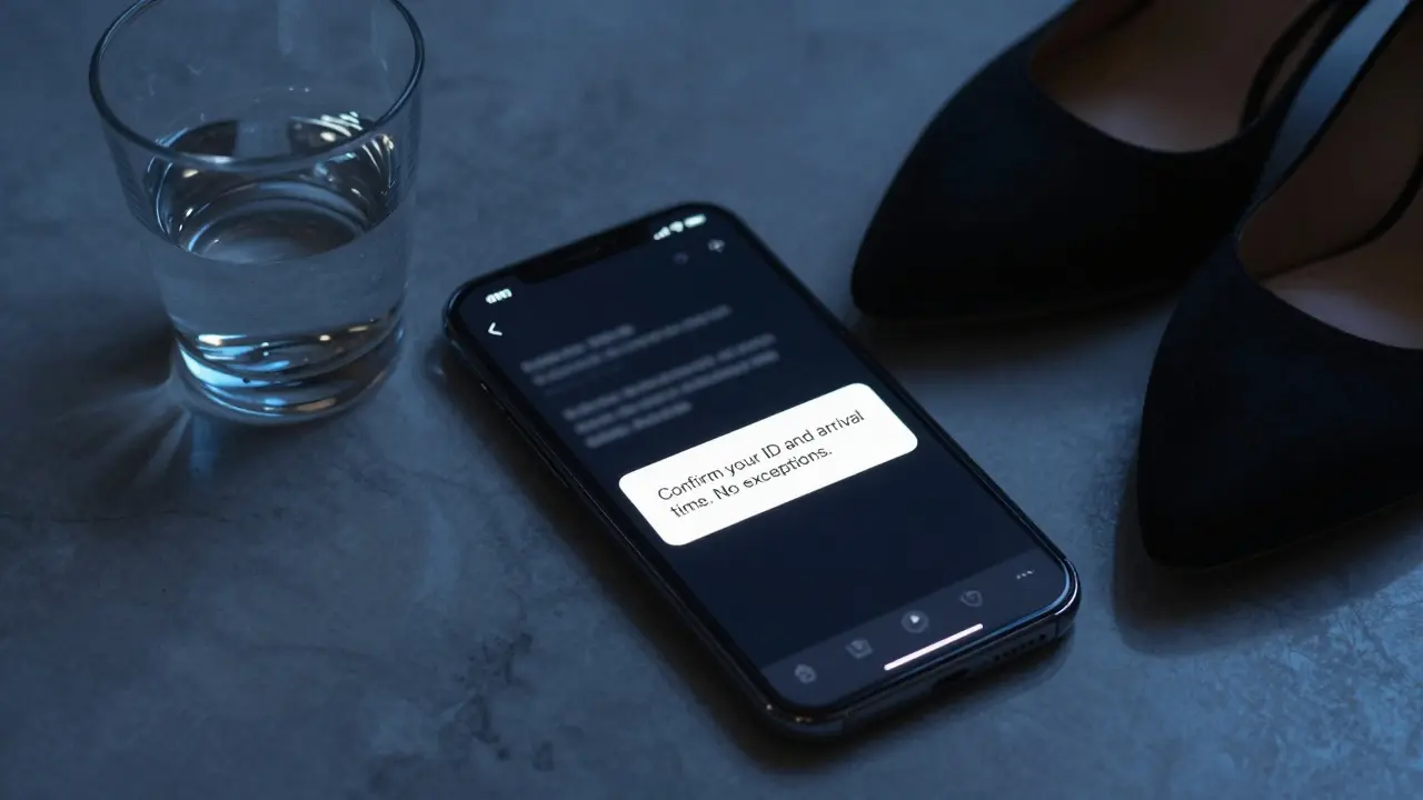 A smartphone screen displays an encrypted message in the dark, beside designer heels on marble, emphasizing secrecy and digital communication.