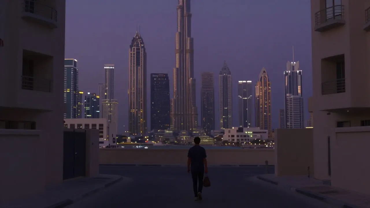 A solitary figure walks away from a quiet Dubai apartment tower at twilight, skyline glowing behind them, symbolizing hidden lives.