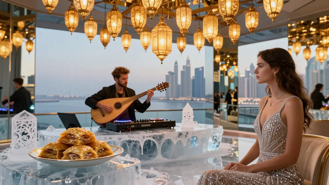 A surreal fusion of traditional oud music and modern techno under floating lanterns, with gold-plated baklava and melting ice.