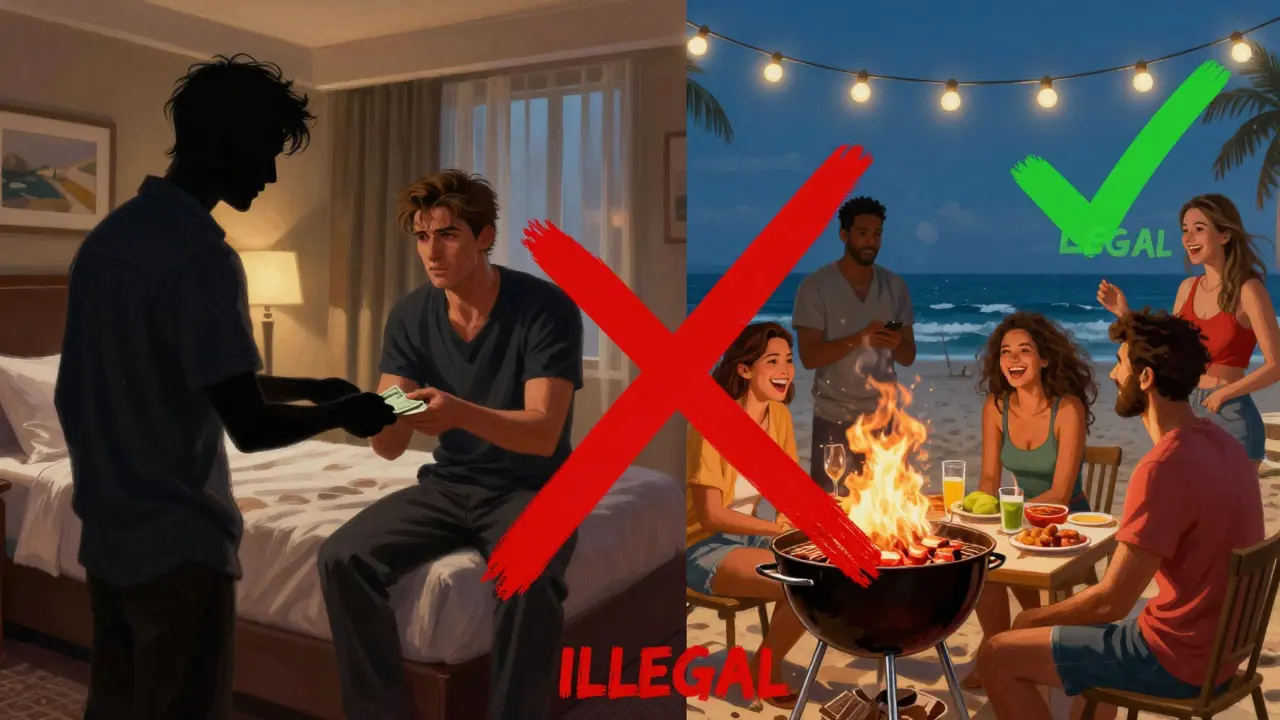 A symbolic split image contrasting illegal companionship in shadow with legal social connection under warm lights.