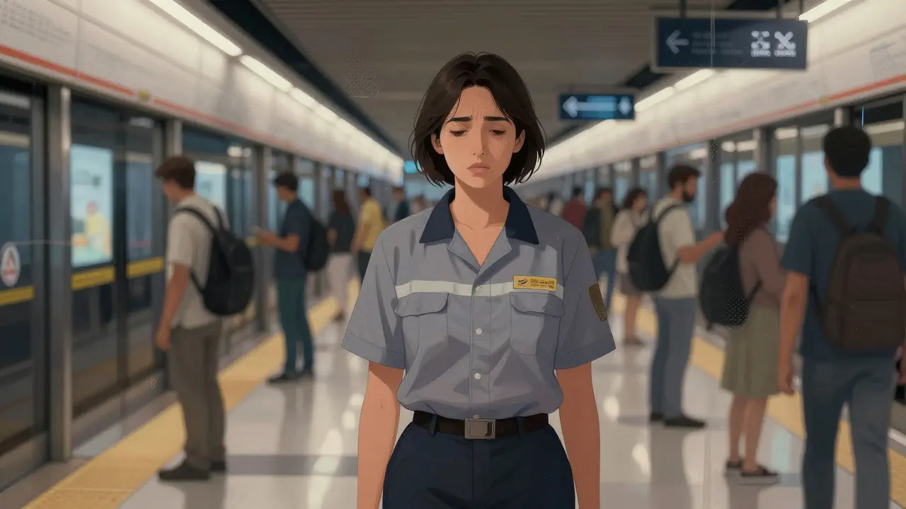 A tired woman in a uniform on a Dubai metro platform, surrounded by commuters, with subtle symbolic fences in the background.