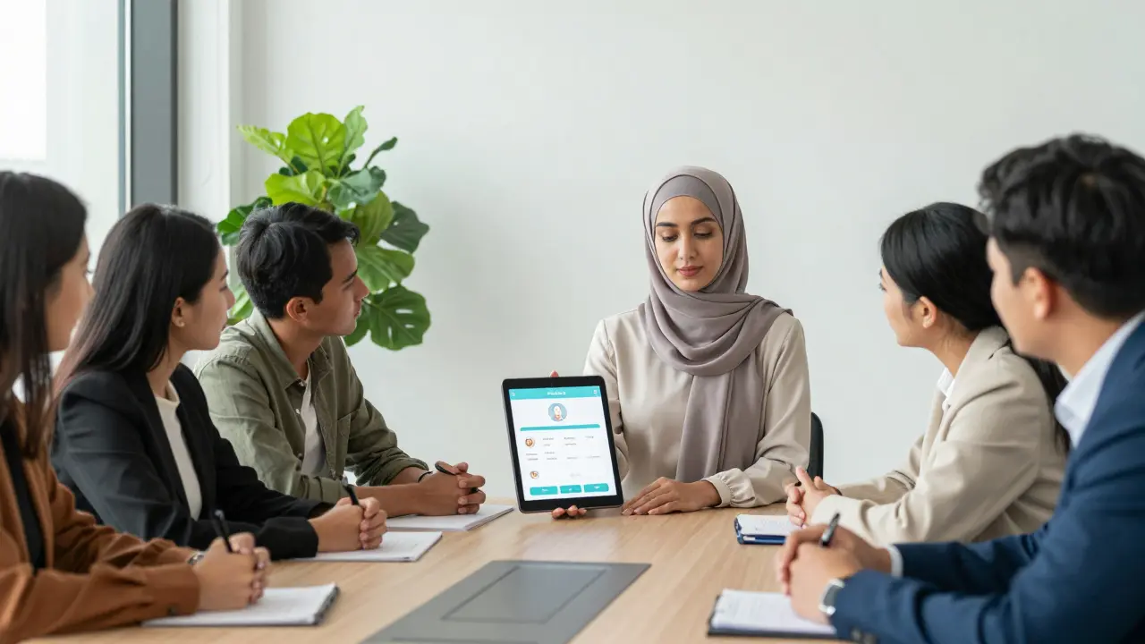 A woman in a hijab presents an app to a diverse team in a futuristic Dubai boardroom, calm and confident.