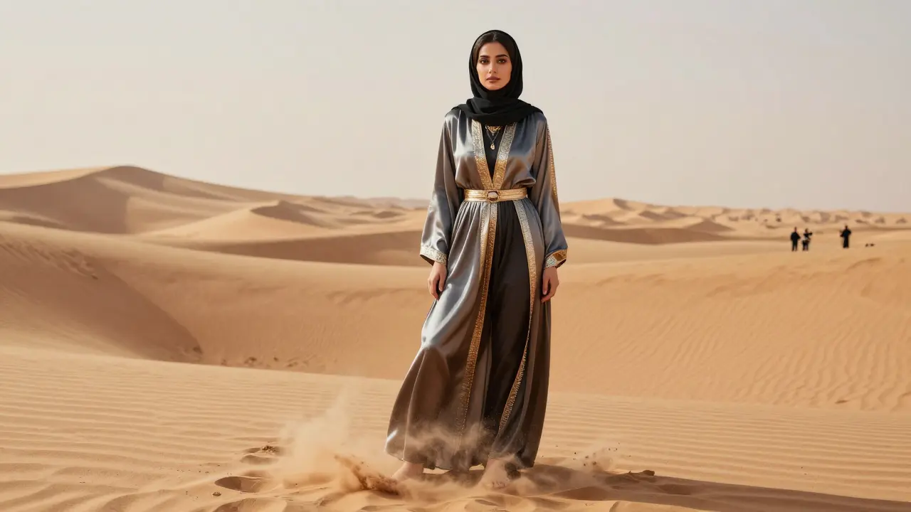 A young Emirati woman in a hijab poses gracefully in the desert, wearing luxury fashion, with golden dunes and sunlight behind her.