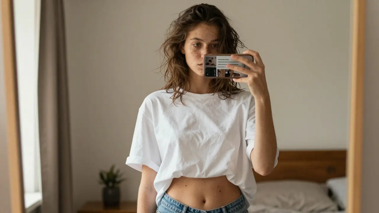 A young woman with freckles taking a candid selfie in natural light, showing real skin and unfiltered beauty.