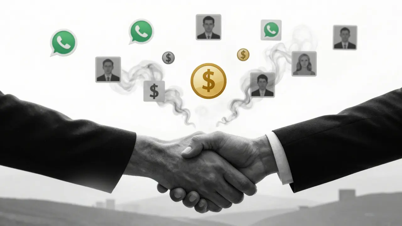 Abstract digital art of scam icons dissolving into smoke, with a hand reaching toward a real human connection.