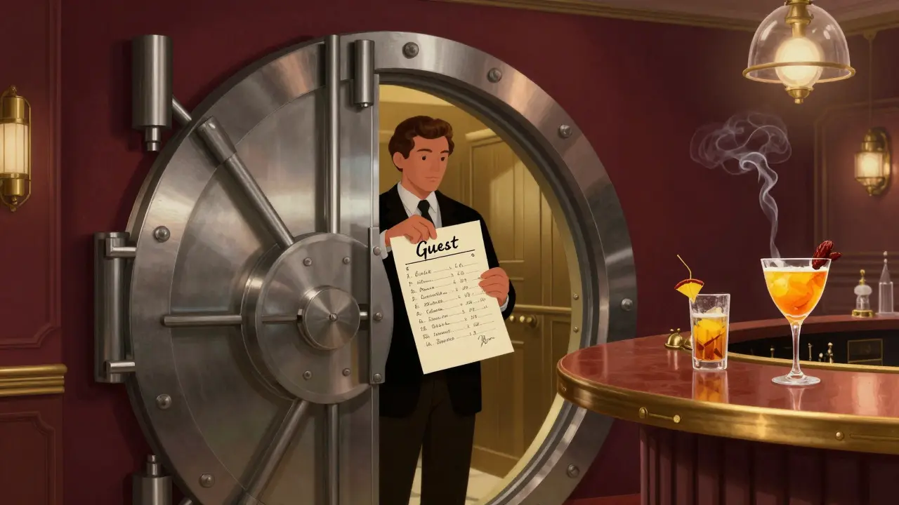 An intimate vault bar with a bouncer checking a handwritten list, golden light spilling from inside.