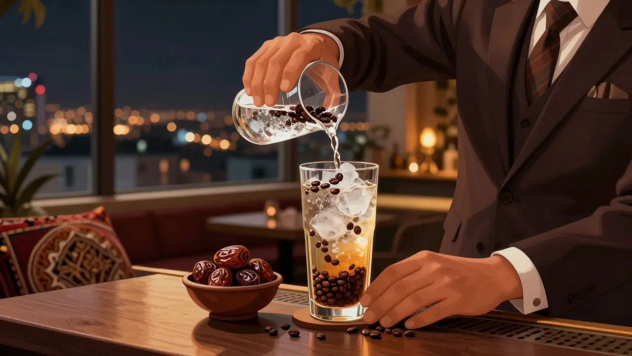 Bartender preparing a coffee-infused cocktail with dates beside it at a luxurious Dubai rooftop bar.