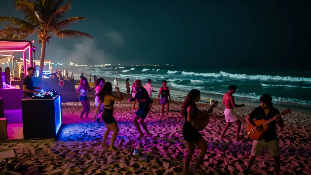 Beach club at night on Palm Jumeirah with dancers on sand under neon lights and ocean waves in background.