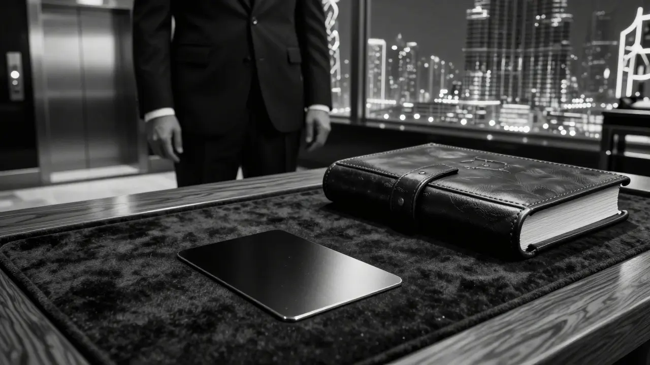 Black titanium membership card beside a leather spirits book, shadowed doorman in background.