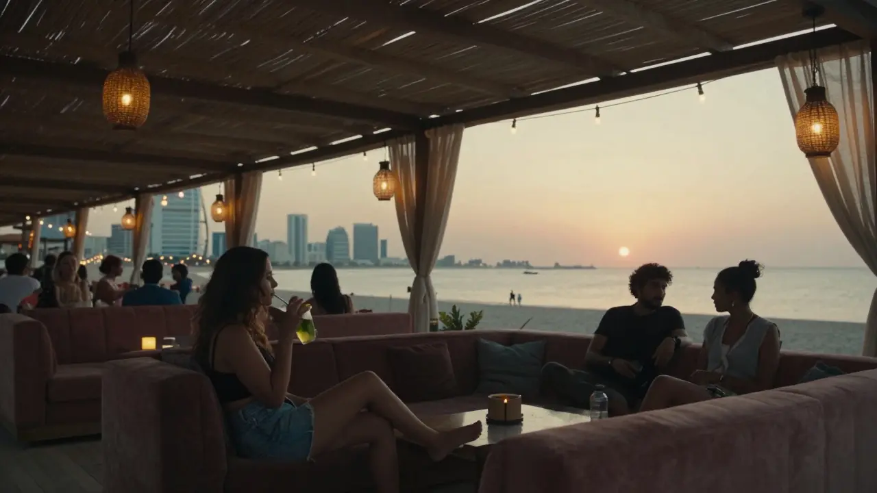 Calm beach lounge at sunset with celebrities relaxing under lanterns by the Gulf.