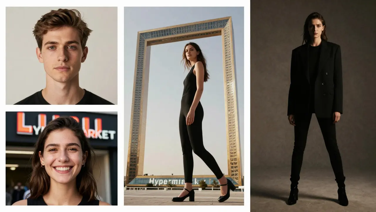 Collage of four modeling styles: headshot, walk pose, commercial smile, and editorial look.