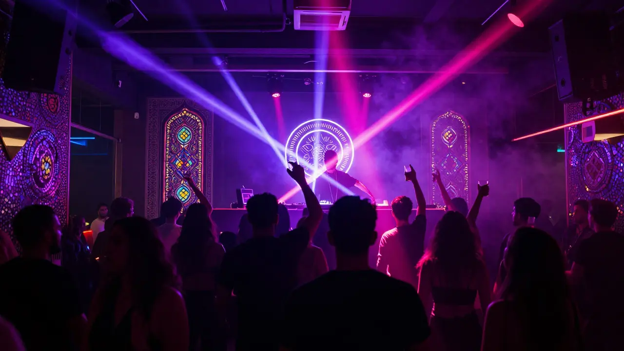 Crowd dancing in a neon-lit Dubai nightclub with Persian-themed decor and vibrant stage lights.