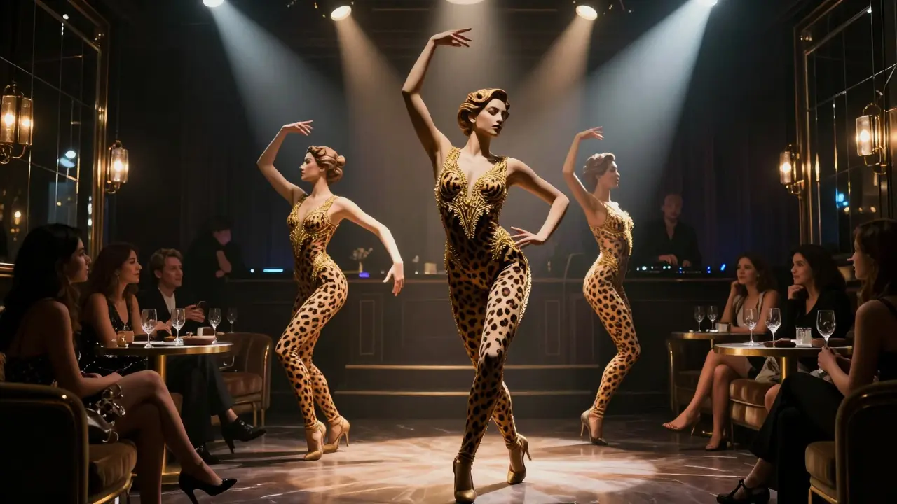 Dancers in ornate Cavalli bodysuits performing under dramatic lights, luxury patrons watching in silence, golden ambient glow throughout the club.