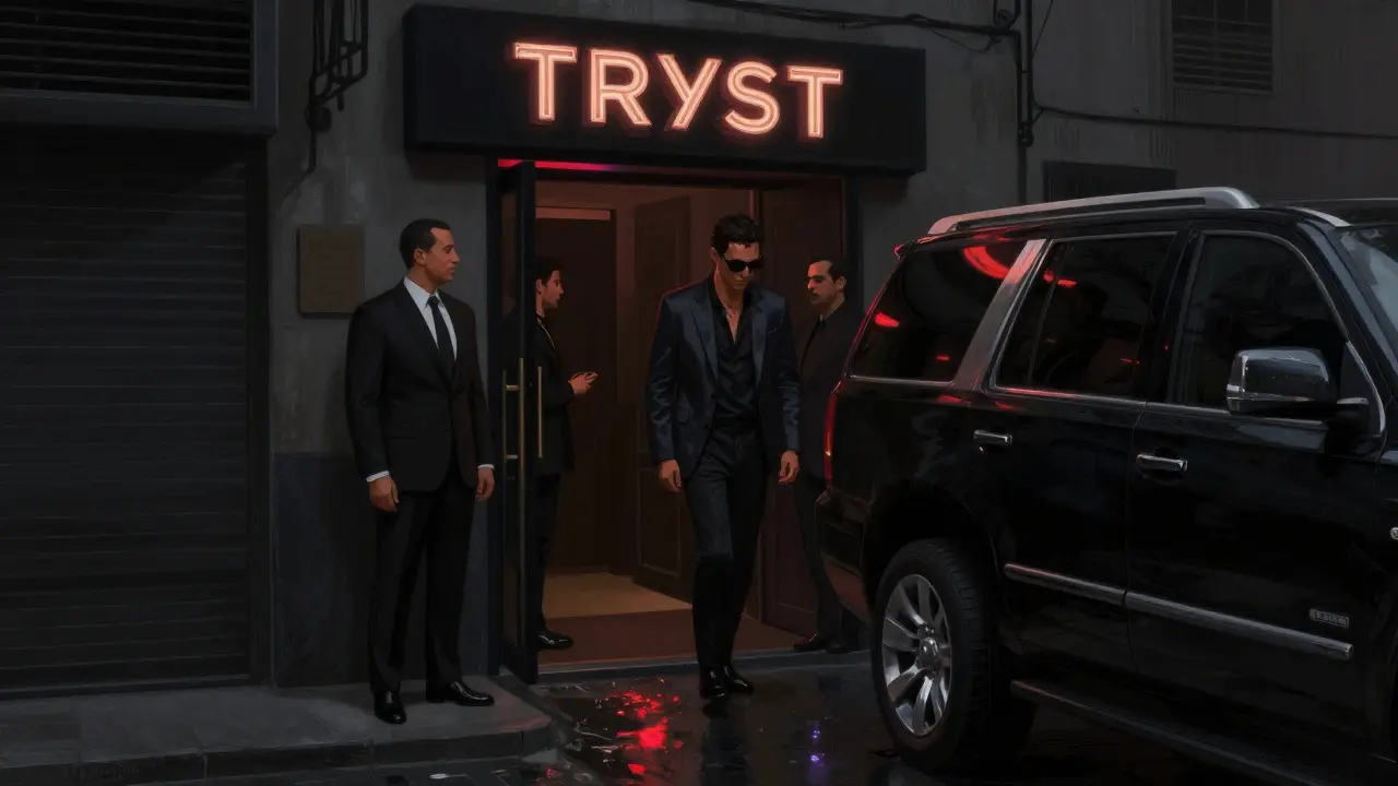 Discreet entrance to Tryst nightclub in Dubai with a celebrity being escorted inside.
