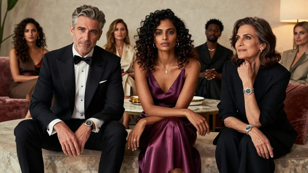 Diverse models over 30 pose together in a luxurious Dubai lounge, exuding quiet confidence and sophistication.