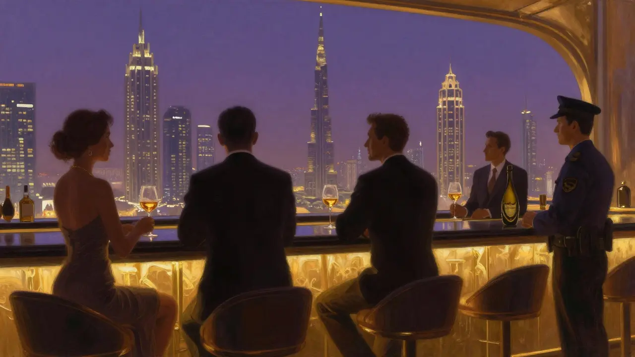 Elite guests at Skyview Bar overlooking Dubai's skyline at dusk, dressed elegantly with champagne glasses in hand.