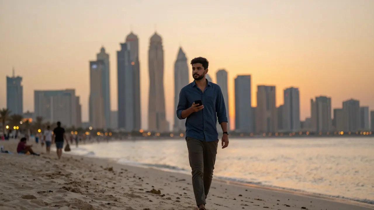 Expatriate walking along Jumeirah Beach at sunset, city skyline glowing in the distance.