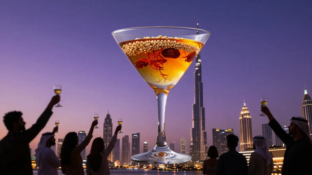 Floating cocktail with layers of Emirati and Persian ingredients glowing above Dubai’s skyline.