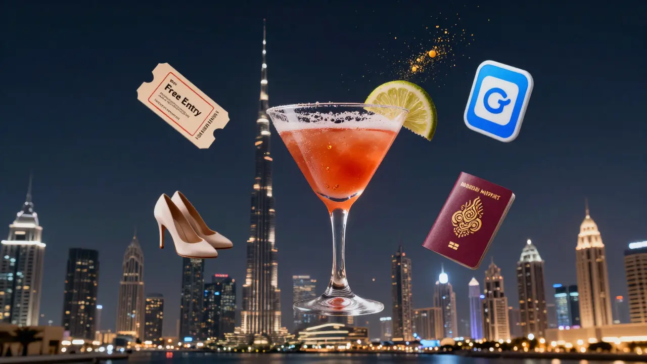 Floating cocktail with symbols of free entry, henna, and Dubai nightlife icons against a starry sky.