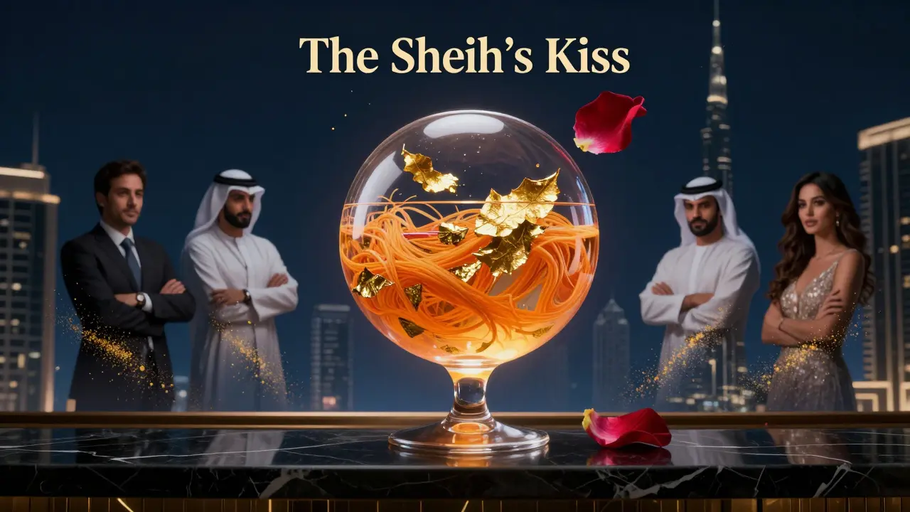 Floating golden cocktail orb with saffron and gold leaf, surrounded by dissolving silhouettes of the elite.