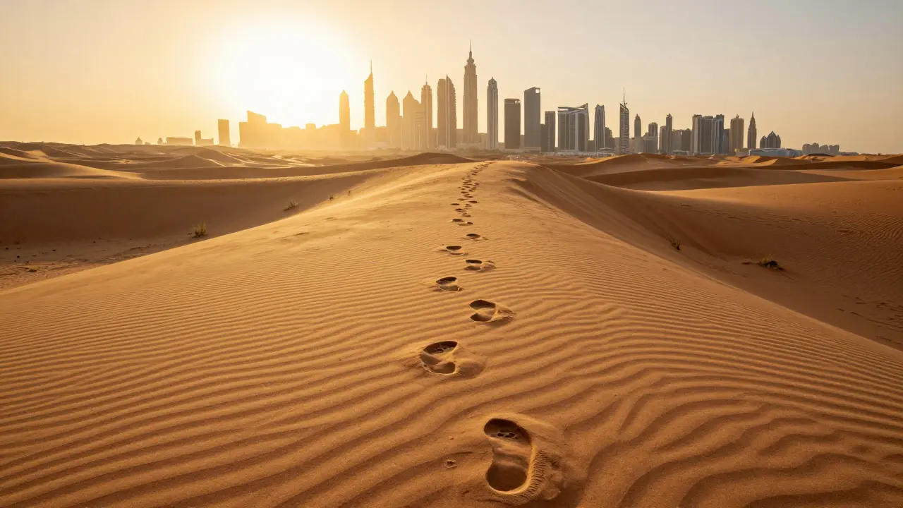 Golden footprints lead through desert dunes toward Dubai’s skyline, symbolizing mature models finding their place.