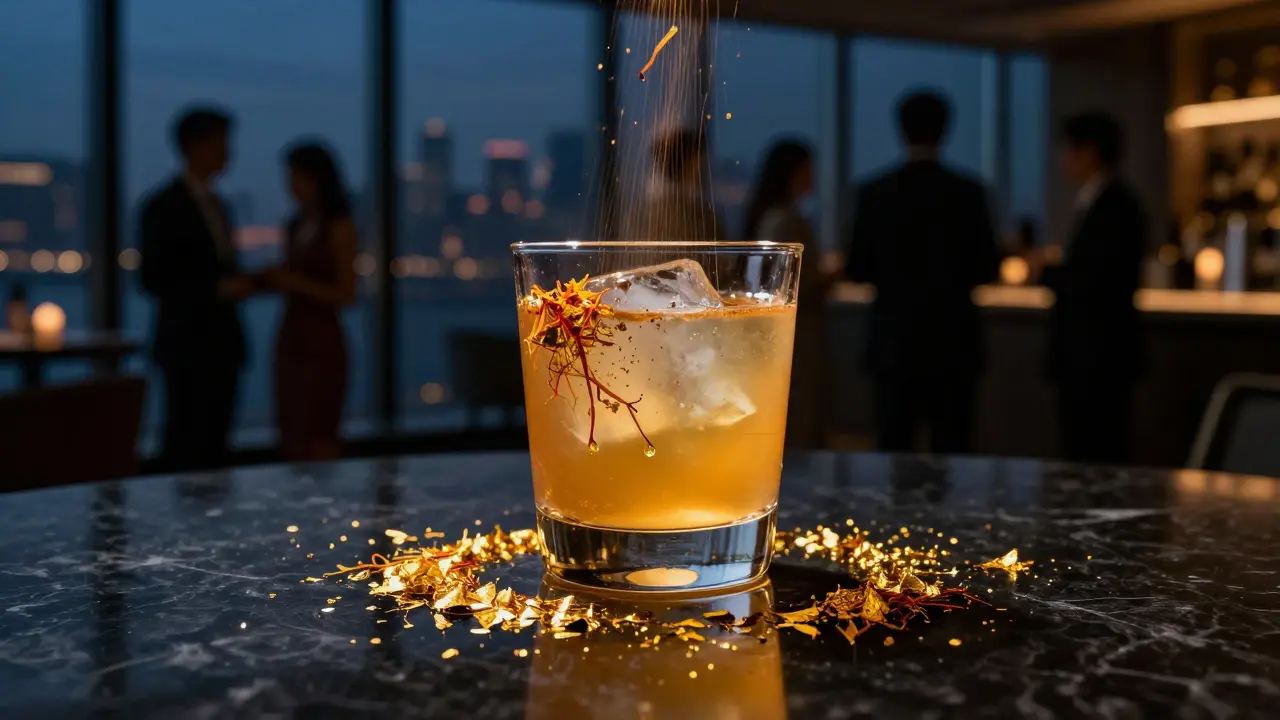 Golden Mirage cocktail with edible gold flakes and saffron, reflected in a luxury nightclub window.