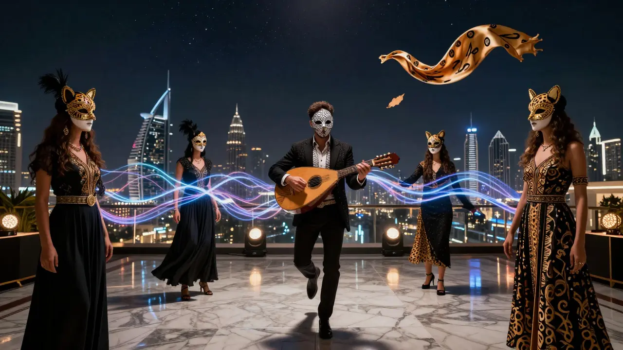 Guests in cultural fusion masks at a midnight masquerade, silk scarves drifting down, Arabic motifs blending with leopard prints under starlit ceiling.