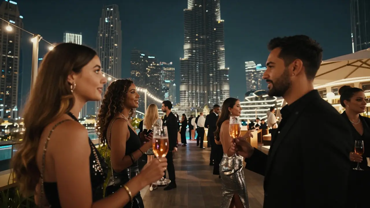 Guests on a rooftop terrace at night with Burj Khalifa in the background, sipping drinks under string lights.
