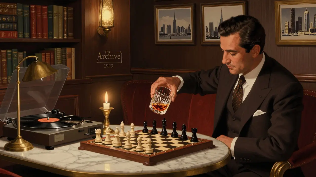 Hidden lounge with vintage records, chess, and cognac, bathed in warm candlelight and timeless elegance.