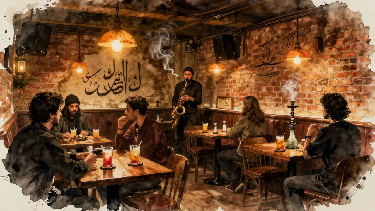 Intimate jazz bar scene with musician playing in dim, warm lighting.