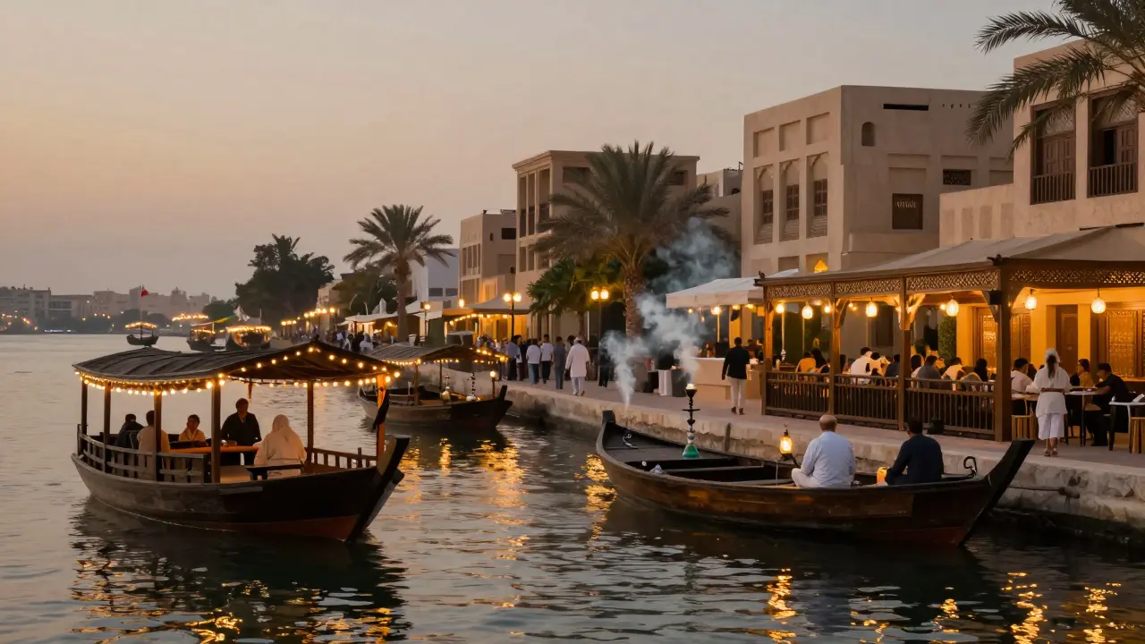 Lantern-lit dhow boats and people strolling along Al Seef canal under warm evening lights.