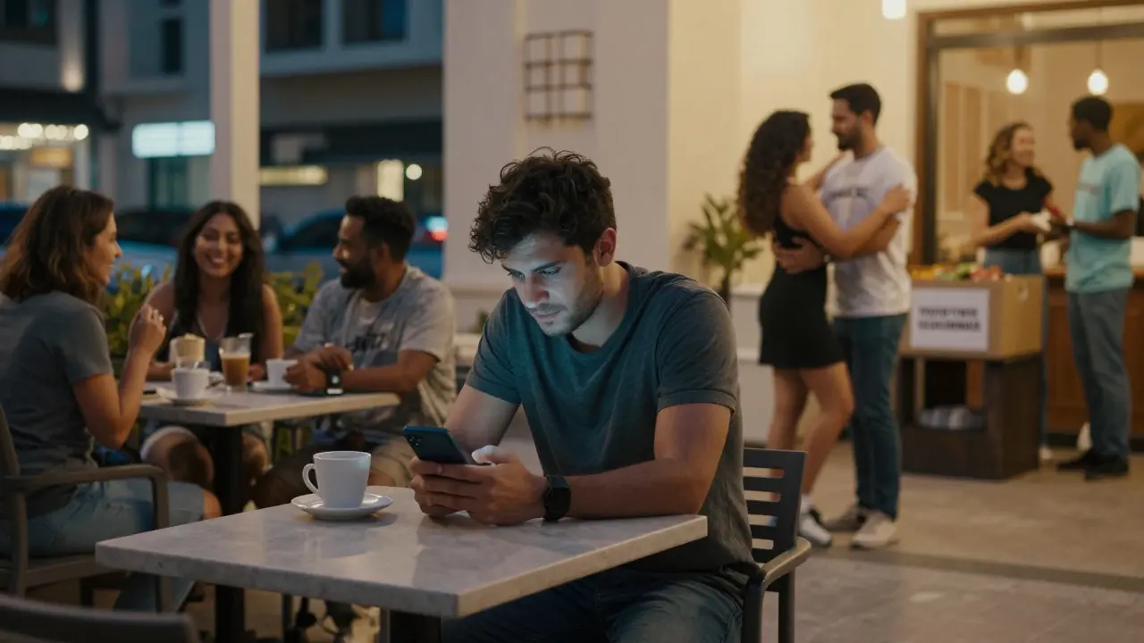 Man alone at a Dubai café, looking at phone while others socialize nearby in warm light.