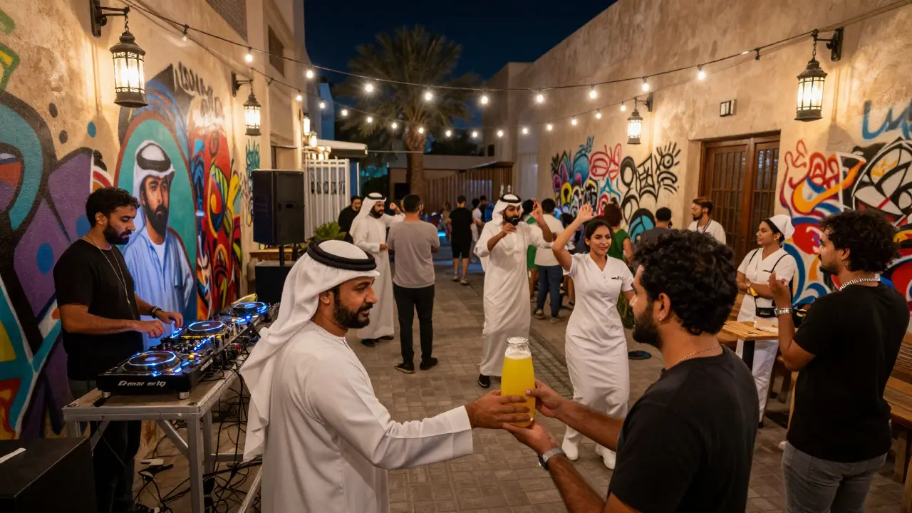 Multicultural crowd dancing near a live mural in Alserkal Avenue's underground club after dark.